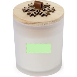 A frosted white candle in a glass jar with a wooden lid featuring a snowflake design.
