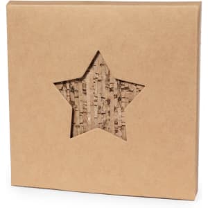 A star-shaped cutout on a brown cardboard box, revealing textured material inside. The box has a minimalist design.