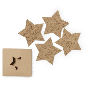 A set of five star-shaped cork coasters in a cardboard box with a star cutout. Natural brown colour.
