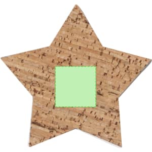 A star-shaped cork coaster with a green square centre. The coaster has a natural brown finish.