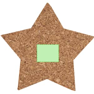 A cork star-shaped coaster featuring a small green square in the centre. It has a natural, textured appearance.