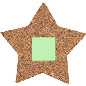 A star-shaped cork coaster with a green square in the centre, featuring a logo.