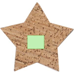 A star-shaped coaster made of cork with a green centre, featuring a branding logo at the bottom.