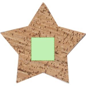 A star-shaped cork coaster with a light green square in the centre, featuring a natural cork texture.