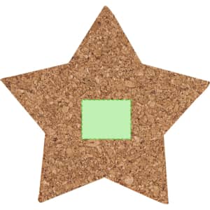 A star-shaped cork coaster with a green square centre. The product has a natural cork colour and a simple design.
