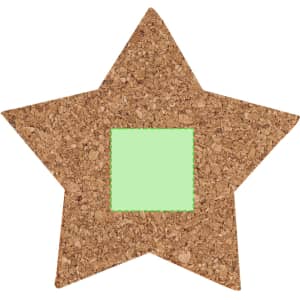 A star-shaped cork coaster featuring a green square centre. The material is natural cork.