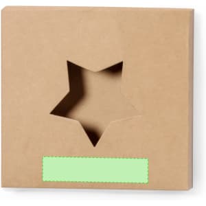 A brown cardboard box with a star-shaped cutout on the front, featuring a blank green label area.