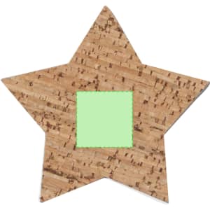 A star-shaped cork coaster with a square green centre, featuring a natural cork texture and a bright green accent.