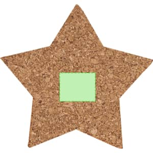 A star-shaped cork coaster with a green square in the centre. The natural cork colour contrasts with the green.