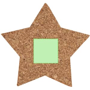 A star-shaped cork coaster with a square green centre and a natural cork finish. It has a logo on the back.