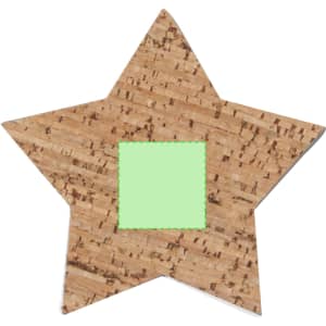 A star-shaped cork coaster with a green square in the centre. The coaster features a natural cork texture.