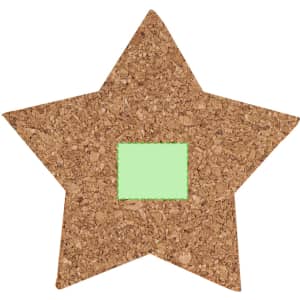 A star-shaped cork coaster in natural brown with a green square in the centre. Features a logo on the surface.
