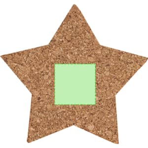 A star-shaped cork coaster with a green square in the centre. It features a natural, textured finish.