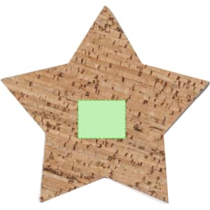 A star-shaped cork coaster featuring a square centre cut-out, showcasing a natural cork colour with a light green insert.