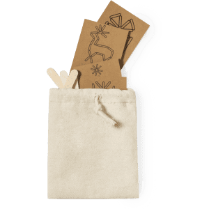 A drawstring bag in cream contains wooden sticks and brown cards with intricate designs.