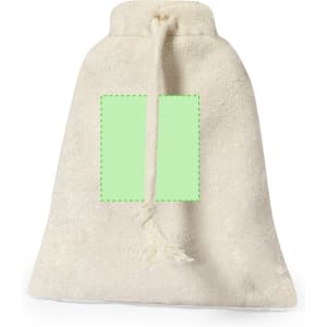 A natural jute drawstring bag in beige with a plain green square area for branding or design.