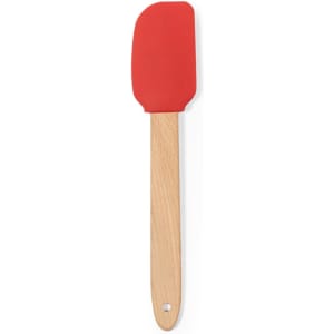 A red silicone spatula with a wooden handle, featuring a flat, flexible head.