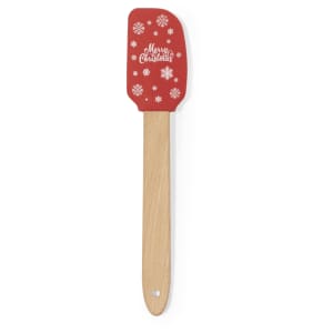 A red spatula with a festive design and wooden handle, featuring a logo.