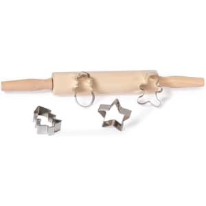 A wooden rolling pin with metal cookie cutters in star, flower, and bear shapes. The set has a logo on the rolling pin.