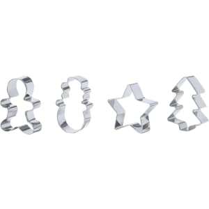A set of four stainless steel cookie cutters in the shapes of a gingerbread man, snowman, star, and Christmas tree.