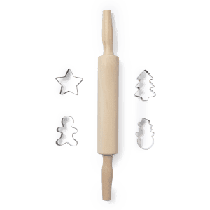 A wooden rolling pin surrounded by silver cookie cutters in star and wave shapes, all on a white background.