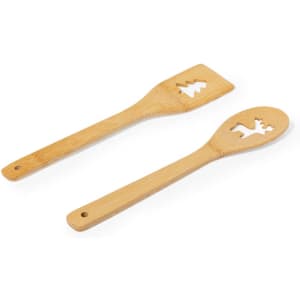 A bamboo cooking utensil set with a spatula and spoon featuring cut-out designs. Brown in colour.