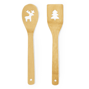 A bamboo kitchen set featuring a spatula with a tree cut-out and a spoon with a moose cut-out.