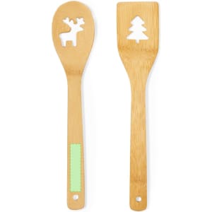 A bamboo cooking utensil set featuring a spoon with a reindeer design and a spatula shaped like a tree.