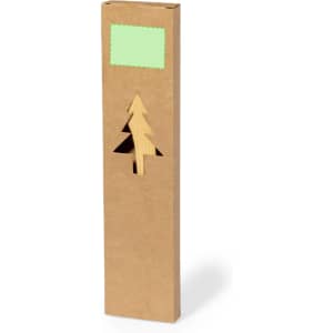 A tall, brown cardboard box with a tree cutout, featuring a blank green label at the top.