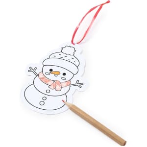A snowman-shaped colouring tag with a red ribbon and a brown colouring pencil. Features a winter hat and scarf design.