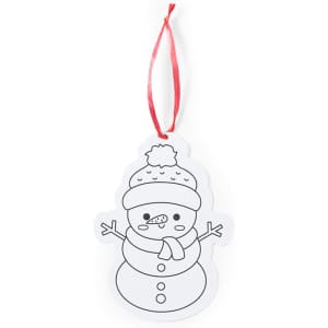 A white snowman decoration with a red ribbon, featuring a happy face and winter clothing details, ready for colouring.