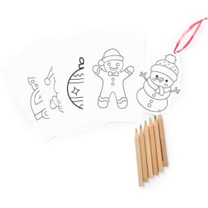 A set of six colouring sheets featuring festive designs and a ribbon. Includes six coloured pencils.