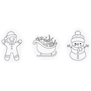 A set of festive outlines featuring a gingerbread man, a sleigh filled with presents, and a snowman.