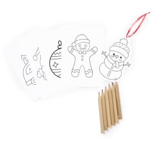 A set of colouring pages featuring festive characters and six wooden colouring pencils. The pages are white with outlines.