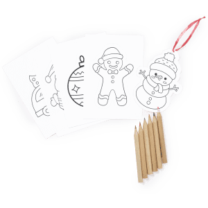 A set of colouring sheets featuring holiday designs and wooden coloured pencils in light brown.