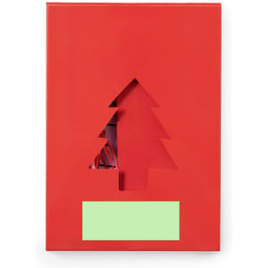 A red gift box featuring a cut-out Christmas tree design, with a green label area on the front.