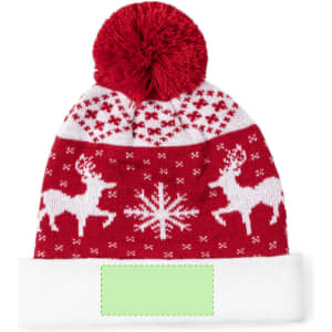 A red beanie with a white pom-pom, featuring reindeer and snowflake patterns, and a branding area on the cuff.