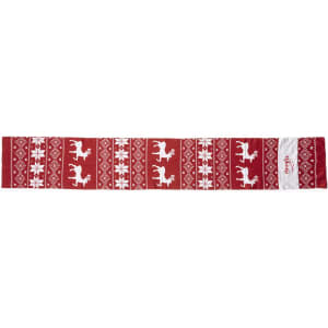 A red Luka scarf featuring festive white patterns and a logo, designed as a clothing accessory.