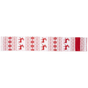 A long red and white scarf featuring festive patterns, including moose and snowflakes, with a subtle logo.