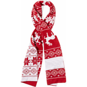 A red and white scarf featuring festive patterns, including reindeer and snowflakes, with a logo present.