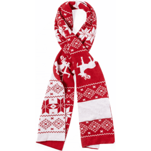 A red scarf featuring white snowflakes and reindeer designs, with a festive winter pattern and a logo.