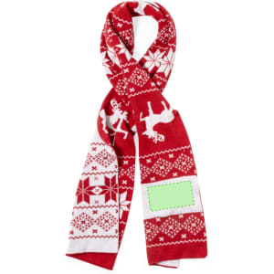 A red scarf featuring white reindeer and snowflake patterns, with a branding tag at the bottom.