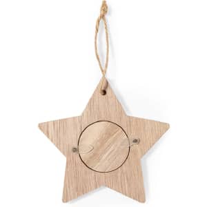 A wooden star-shaped photo frame in light wood, featuring a hanging loop and a circular opening for a photo.