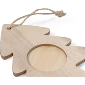 A wooden Christmas tree decoration in a natural finish, featuring a circular space, with a twine loop for hanging.