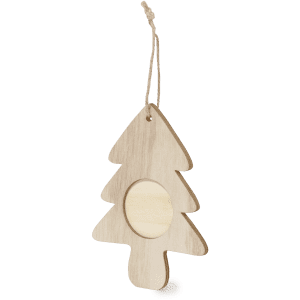 A wooden Christmas tree decoration in natural tones, featuring a circular cutout for a photo or ornament.