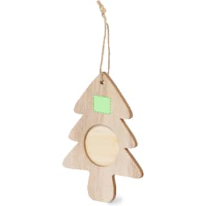 A wooden Christmas tree decoration in a natural finish, featuring a circular cutout and a hanging string.