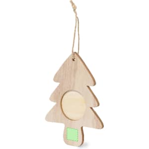 A wooden Christmas tree decoration in natural tones with a circular space for a photo and a small green detail.
