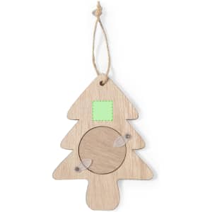 A wooden Christmas tree-shaped photo frame in natural colour, featuring a round photo holder and a hanging twine.