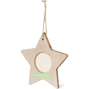 A wooden star-shaped photo frame with a hanging twine, featuring a circular opening for a picture.