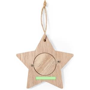 A wooden star-shaped photo frame with a circular centre, featuring a natural finish and a hanging string.